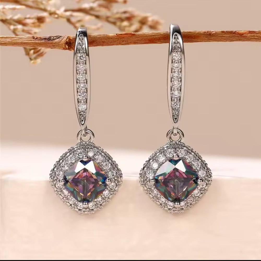 Clearance! Simulated Mystic Topaz Halo Earrings - Picture 2 of 5